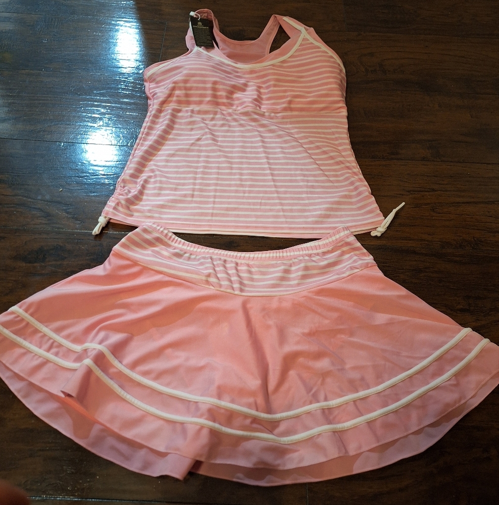 Miyang Pink Striped Tank Top and Skirt Bathing Suit Set